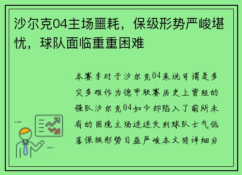 沙尔克04主场噩耗，保级形势严峻堪忧，球队面临重重困难