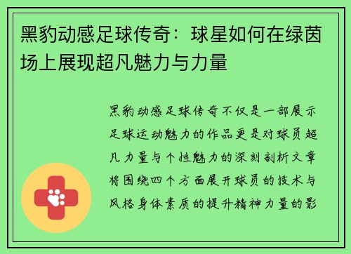 黑豹动感足球传奇：球星如何在绿茵场上展现超凡魅力与力量