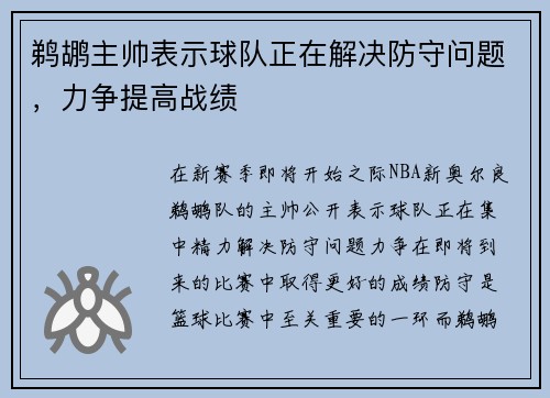 鹈鹕主帅表示球队正在解决防守问题，力争提高战绩